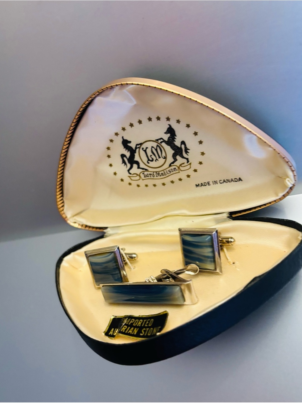 Imported Austrian Blue Stone Cufflinks and Tie Clip Set